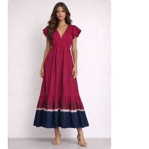 SACHIN + BABI Paloma Maxi Dress NEW Rose Red Pockets Sz 6 Tiered Tie Dye Cotton